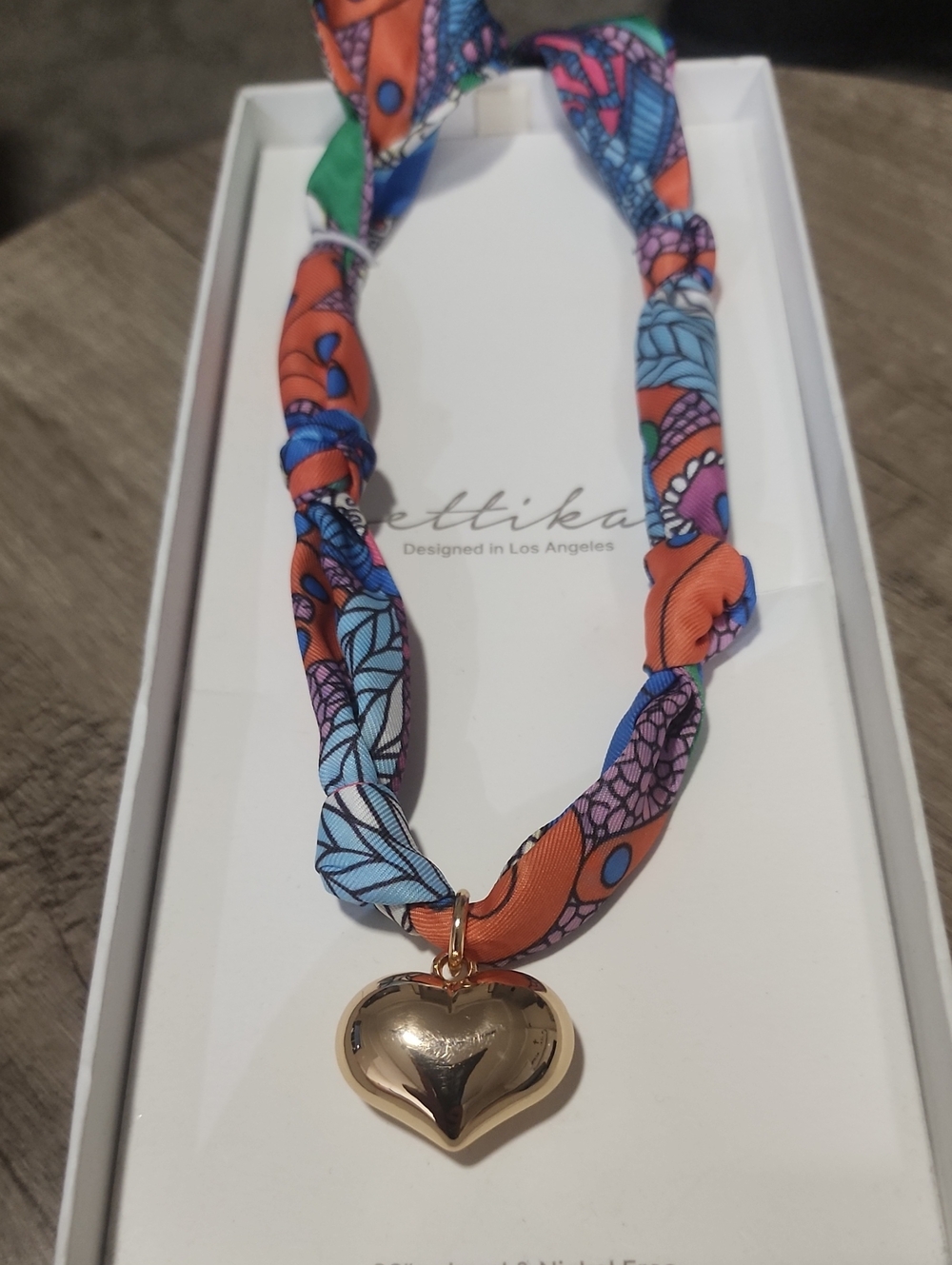 ettika Orange, Blue & Green Printed Scarf Necklace with Gold Heart Charm
